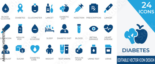 Essential vector icons for diabetes awareness, insulin management, and glucose tracking. Perfect for medical apps, educational content, and diabetic care visuals.