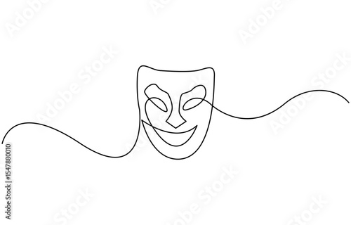 Greek mask one line drawing, opera event symbols continuous hand drawn, mask one line vector isolated design element, opera event symbols continuous hand drawn.