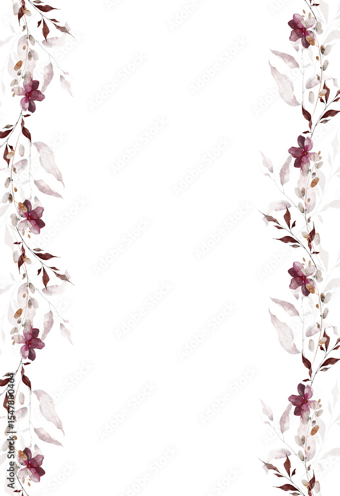 Obraz premium Watercolor autumn floral seamless border frame. Pink, burgundy, brown, gray fall flowers, branches, leaves, twigs. Hand drawn style illustration. Watercolour artistic template design.