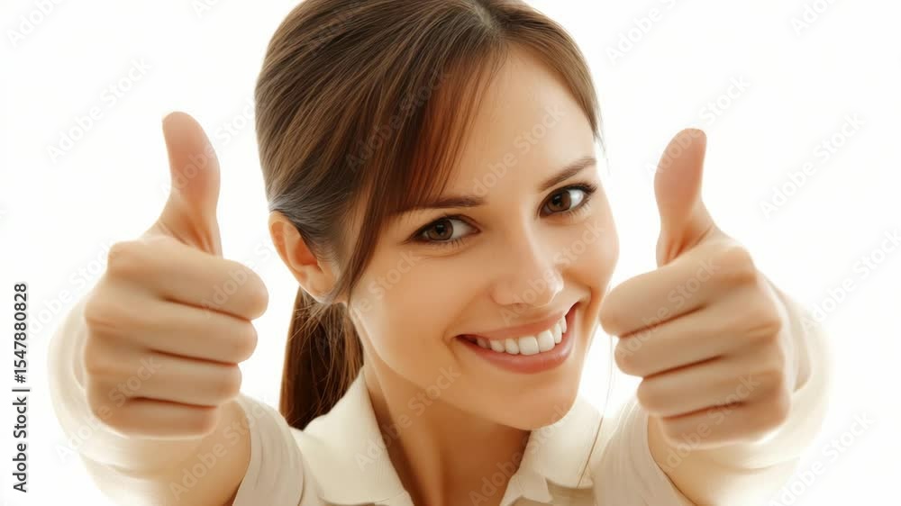 Bright light illuminates a smiling woman who gives two thumbs up. She radiates happiness and positivity, encouraging viewers to embrace joy and success in their daily lives Bright light illuminates a smiling woman who gives two thumbs up. She radiates happiness and positivity, encouraging viewers to embrace joy and success in their daily lives