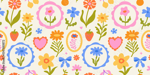 Vector seamless pattern in simple floral wavy and groovy naive style, flowers and plants, floral botanic hand drawn design templates, modern art prints, surface design