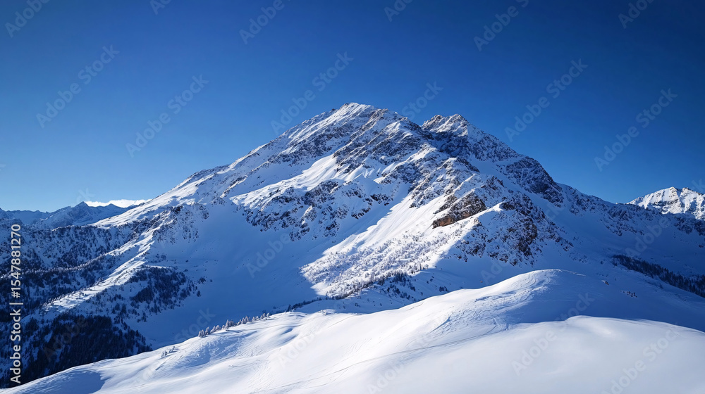 Fototapeta premium Snow-covered mountains stand majestically under a bright blue sky on a sunny day in the alps.