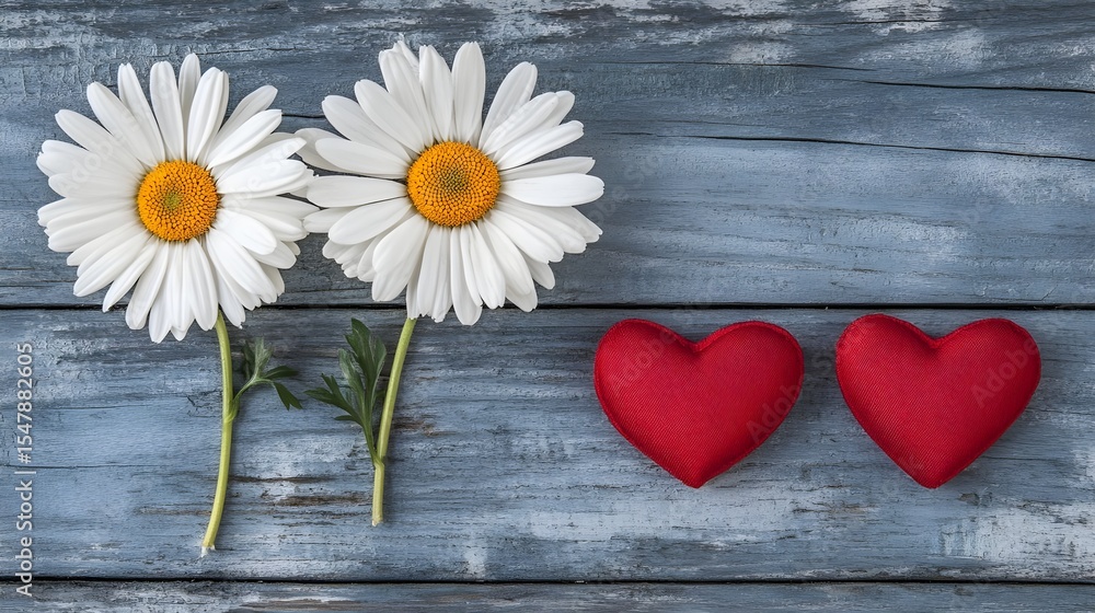 Obraz premium Daisy, Daisies, Chamomile, Two Daisies and Two Red Hearts on Rustic Wooden Background