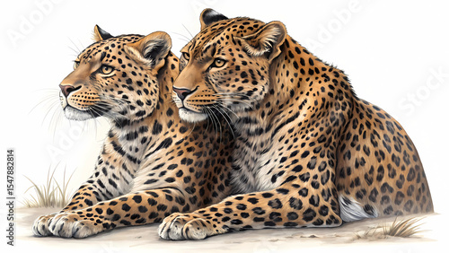 Two leopards resting together wildlife animal feline predator big cat spotted fur illustration drawing