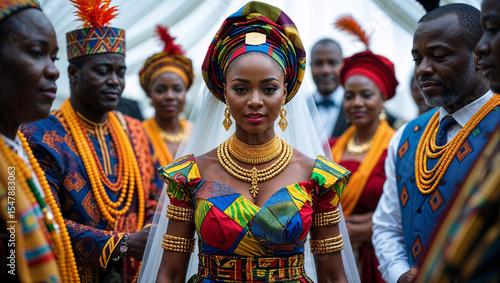 An elegant african bride surrounded by wedding guests in traditional attire celebrating marriage