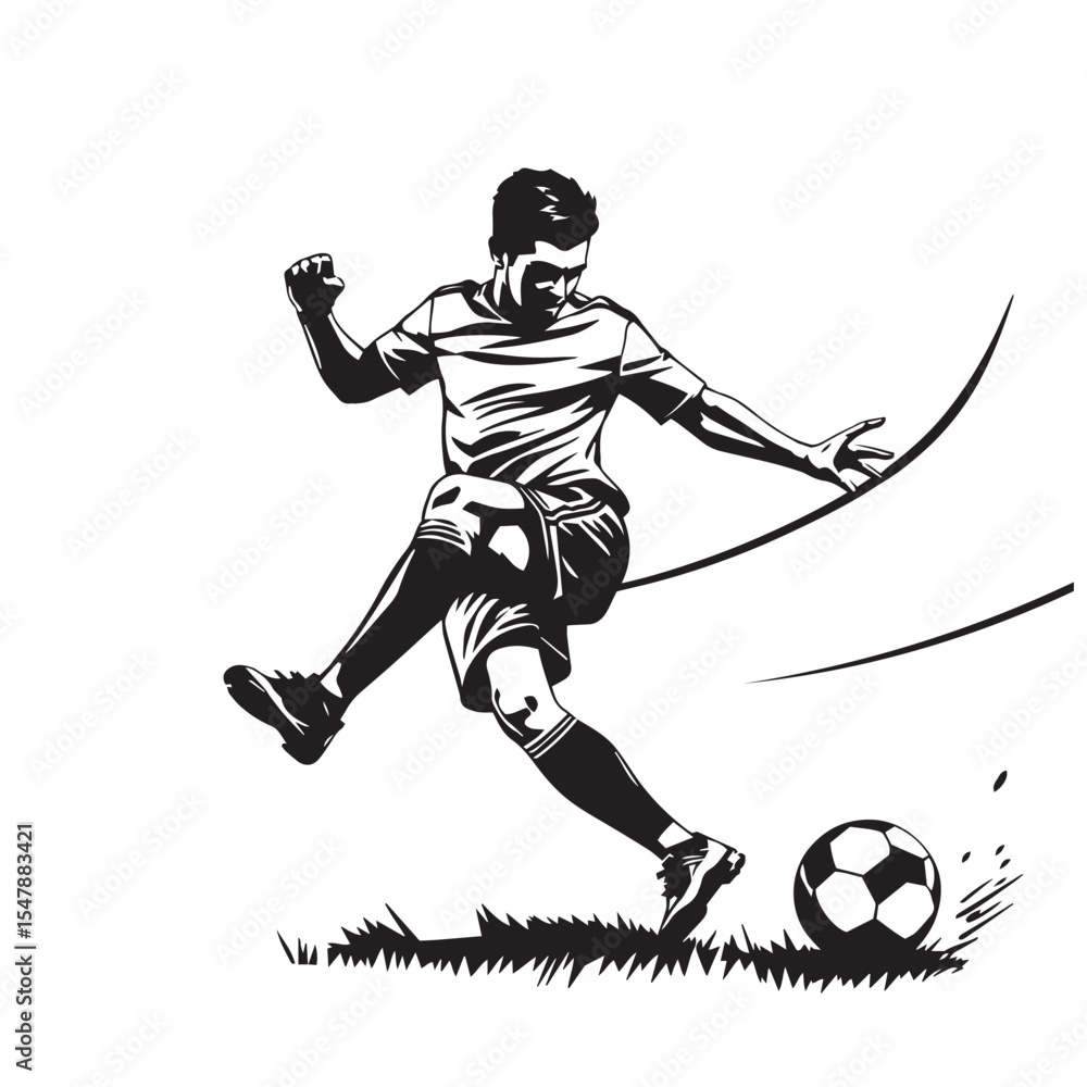 Fototapeta premium Football player kicking ball in action pose vector design concept black and white illustration.