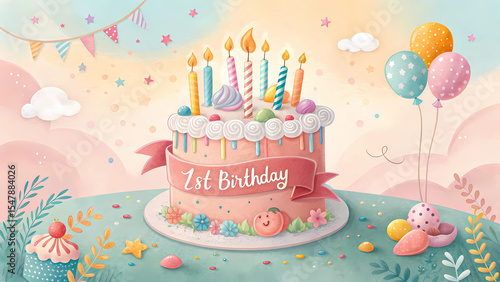 Celebrate first birthday with cake balloons and decorations for a happy birthday party theme event design