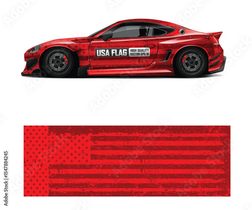Red Car Wrap with Grunge American Flag Design