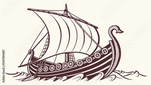 Viking ship illustration of ancient norse longboat sailing on water with sails and oars drawing art