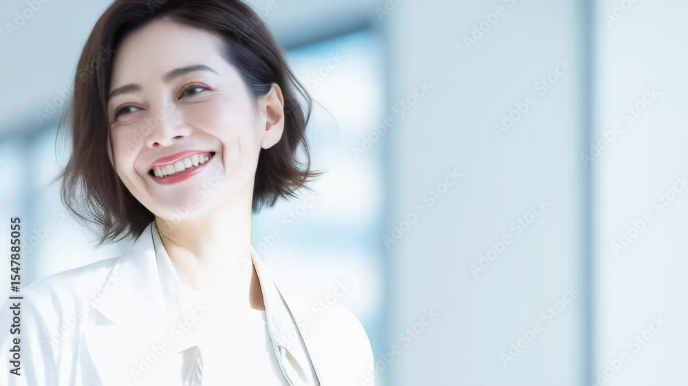 白衣の女性医師が笑顔で歩く様子 白衣の女性医師が笑顔で歩く様子