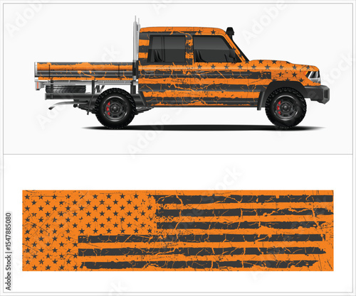 Orange Truck Wrap with Distressed American Flag Design