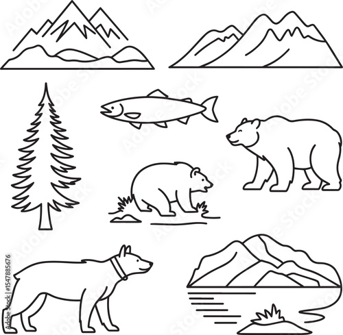 Alaskan Wildlife Silhouette Collection Mountains Trees Bears Salmon Dog Line Art Graphic vector