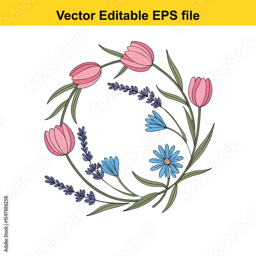 Floral Circle with Tulips, Lavender, and Blue Flowers, Delicately Arranged in a Circular Design, Ideal for Invitations and Greetings, Fresh and Pretty Aesthetic