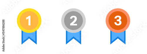 Gold, Silver, and Bronze Ranking Medal Icons with Numbers. Vector Set for Awards, Competitions, and UI Design