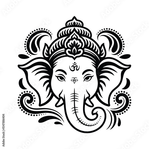 Ganesha drawing ornate black and white head. Meticulously detailed illustration suitable for spiritual designs, prints, and merchandise products.