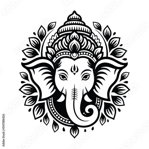 Ganesha drawing features stylized black and white hindu god, suitable for spiritual designs, stationery, meditation products, and cultural publications.
