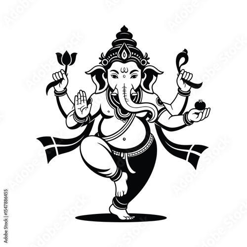 Ganesha drawing depicts a whimsical black and white dancing illustration. Suitable for spiritual designs and culturalthemed projects.