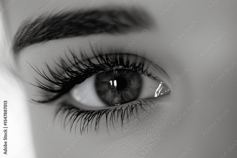 Fototapeta premium Intricate Close-Up of a Woman’s Eye, Focusing on Her Long Lashes and Detailed Iris, Enhanced by Soft, Natural Lighting for a Beautiful Effect.