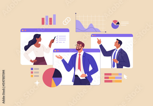 Online Business Analytics Concept. Vector illustration of diverse people in web page windows discussing statistical graphs. Isolated on background.