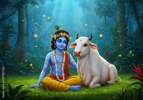 Divine Embrace of Krishna and cow | Spiritual Janmashtami Scene in Nature

