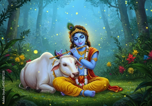 Divine Embrace of Krishna and cow | Spiritual Janmashtami Scene in Nature

