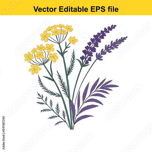 Floral Vector Art Featuring Yellow and Purple Flowers Arrangement, a Beautiful Bouquet of Lavender and Yellow Flowers in a Lovely Artistic Display of Nature