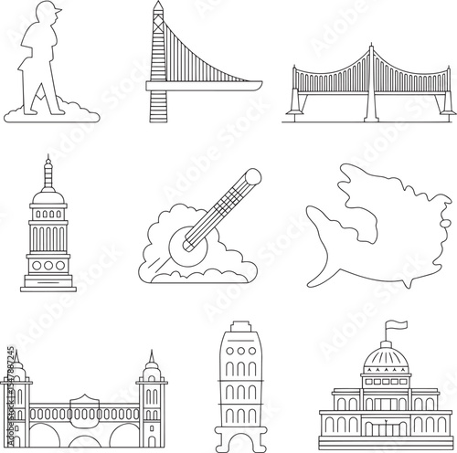 Black and White Line Art Silhouette Set of U S A Landmarks including Bridges Towers and a Map vector 1