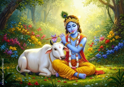 Krishna with Sleeping Cow in Lap | Spiritual Janmashtami Flute Art

