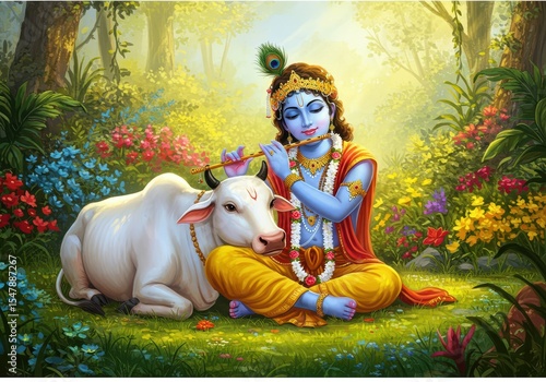 Krishna Playing Flute with Cow Resting on Lap | Janmashtami Forest Poster

