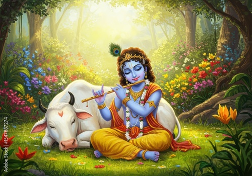 Krishna Playing Flute with Cow Resting on Lap | Janmashtami Forest Poster

