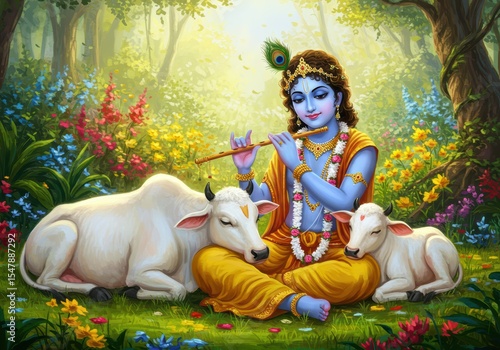 Krishna Playing Flute with Cow Resting on Lap | Janmashtami Forest Poster

