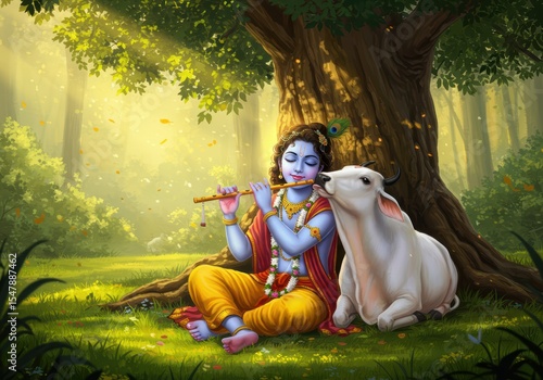 Janmashtami Poster of Krishna Playing Flute in Jungle with Cow | Divine Nature Scene

