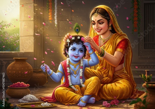 Janmashtami Poster of Mother Yashoda Adorning Baby Krishna with Jewelry | Divine Janmashtami Art

