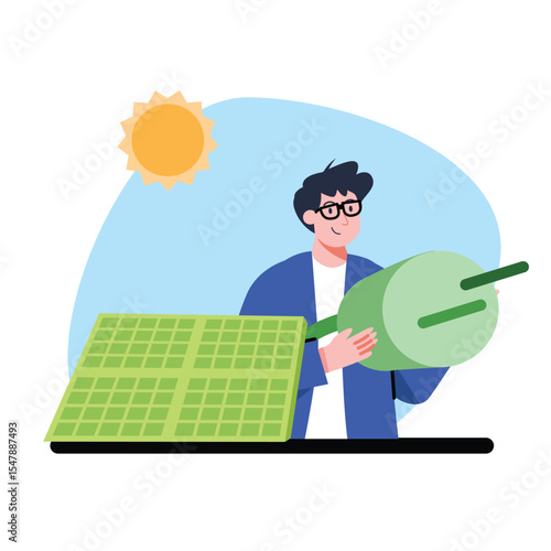 Enthusiastic Man Holding Green Plug with Solar Panel and Yellow Sun on Blue Background