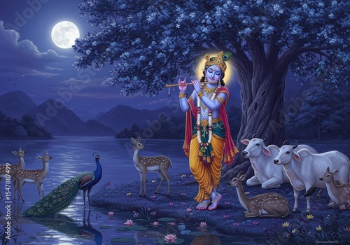 Janmashtami Poster of Krishna Playing Flute by River Yamuna at Night | Divine Moonlit Scene

