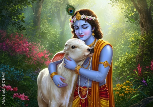 Divine Embrace of Krishna and cow| Spiritual Janmashtami Scene in Nature

