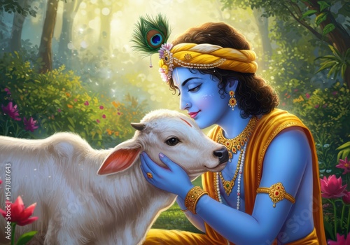 Jungle Scene Janmashtami Poster of Krishna Embracing cow | Devotional Friendship Art

