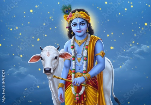 Janmashtami Poster of Krishna with calf on Blue Background | Fun Kids Theme

