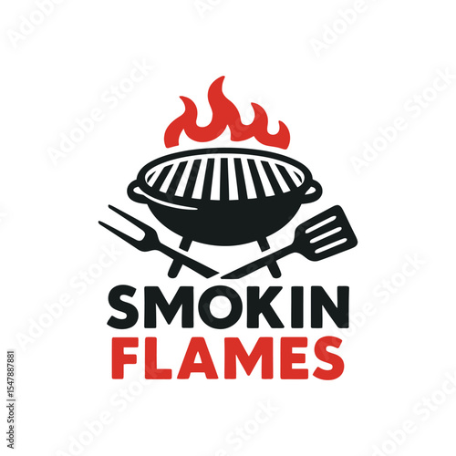  Smokin’ Flames Grill Bar Logo with BBQ Grill and Flames