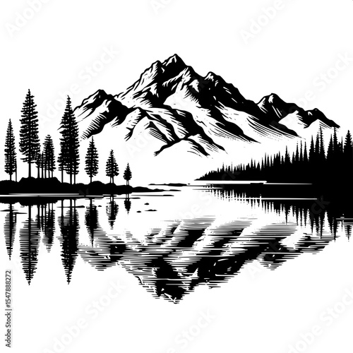 Black and White Vector of a Lake Reflection Scene