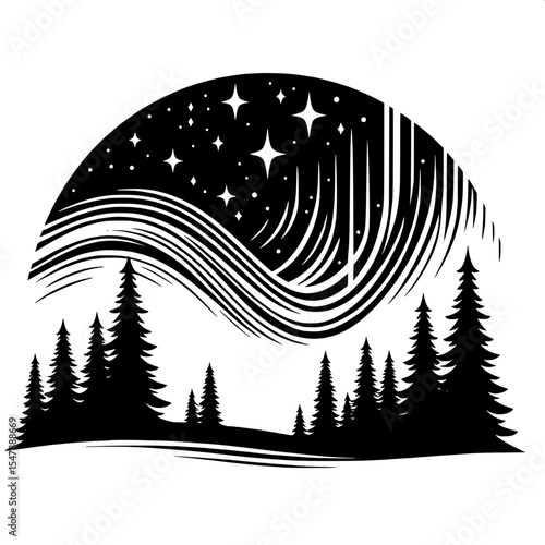 Black and White Vector of a Northern Lights Sky