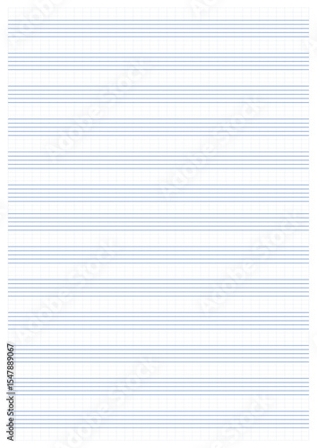 Graph paper. Printable grid paper with stave on a white background. A blank music sheet paper with staff. Geometric pattern for composition, education, school. Realistic lined paper blank size A4.