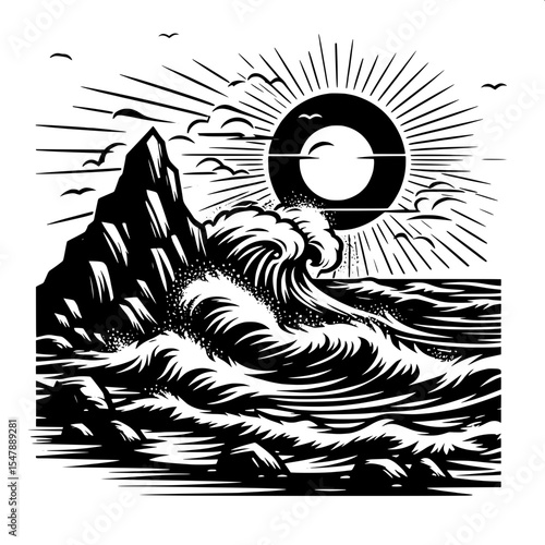 Black and White Vector of a Rocky Coastline