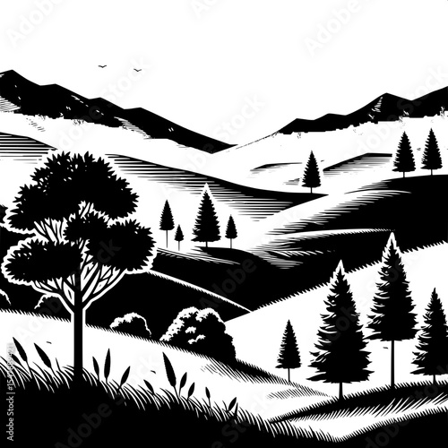Black and White Vector of a Hilltop with Trees