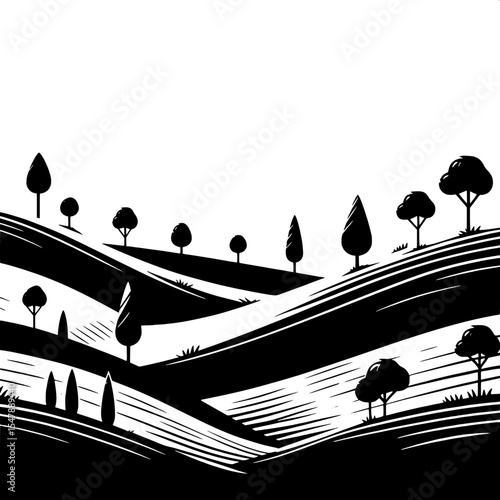 Black and White Vector of a Hilltop with Trees