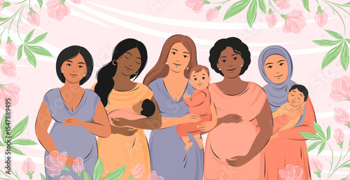 Group of pregnant women and women with children. World Breastfeeding Week. Banner about pregnancy, breastfeeding and motherhood. Vector illustration.