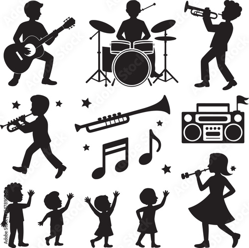 Black Silhouette Musicians Playing Guitar Drums Trumpet Kids Singing Dancing Music Notes Boombox vector