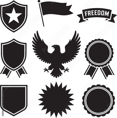 Black Silhouettes Star Stamped Shield Waving Flag Eagle Award Ribbons Badges Set vector