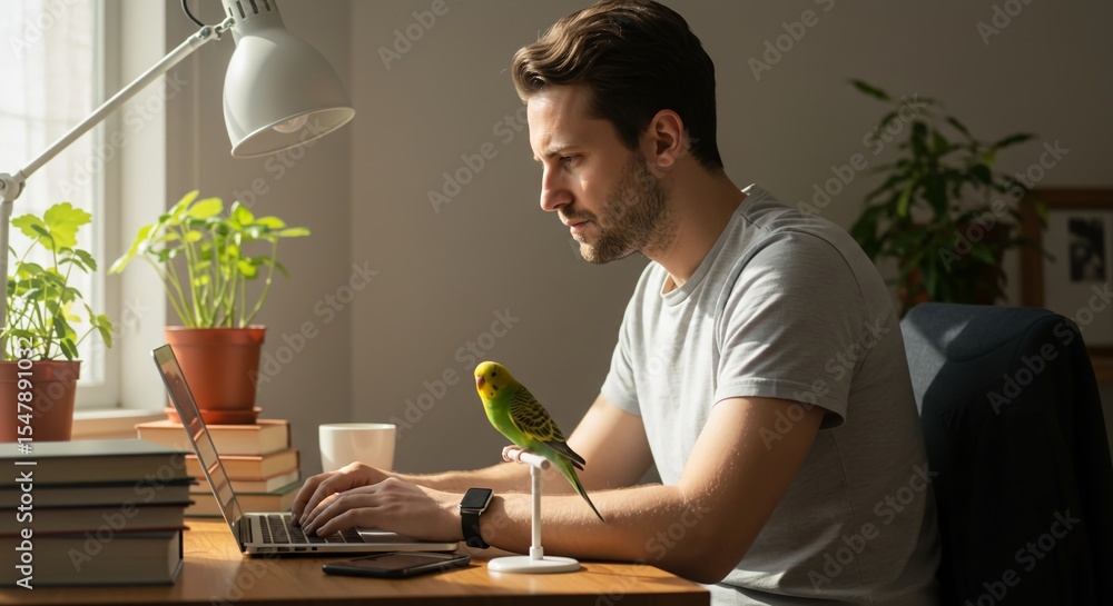 Home office with man and bird companion in peaceful remote setting Home office with man and bird companion in peaceful remote setting
