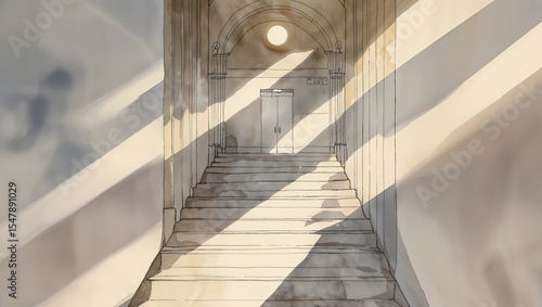 Architectural watercolor illustration of stairway and entrance bathed in striking light and shadow